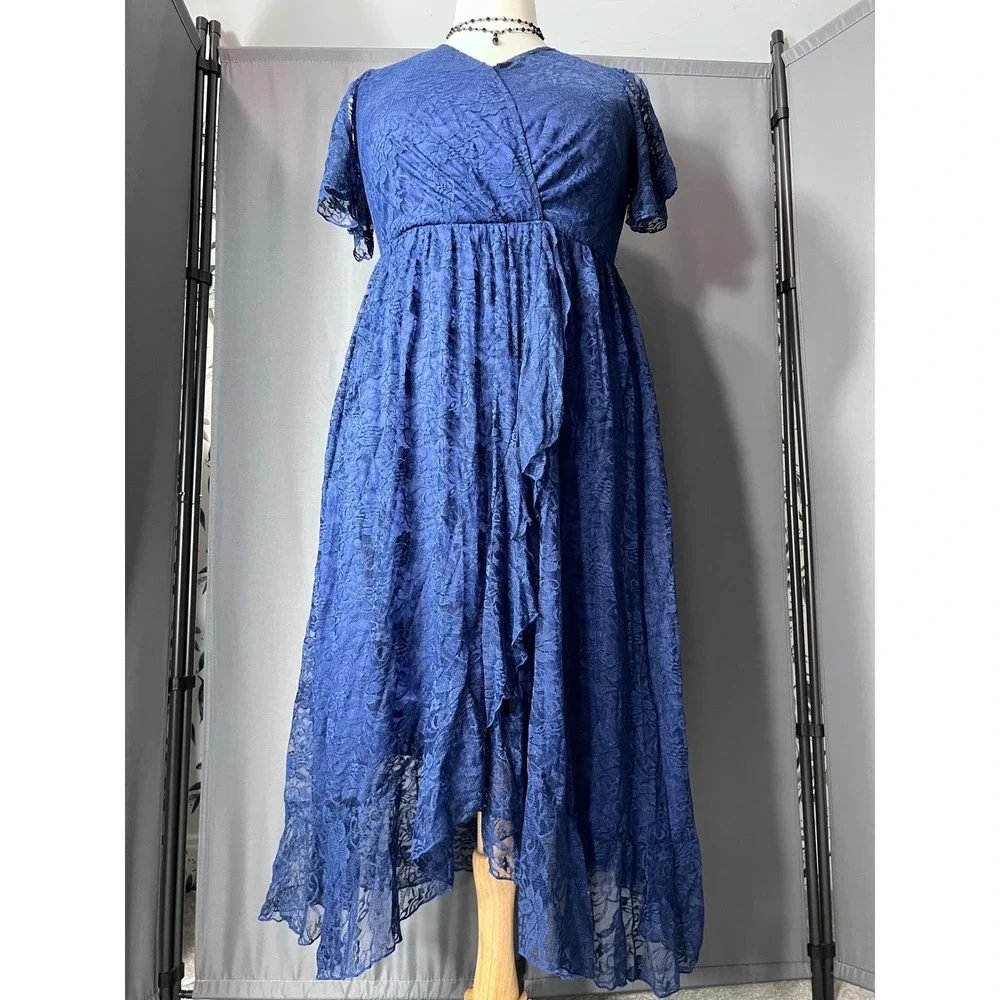 Royal Blue Floral Lace High-Low Faux Wrap Empire Waist Dress with Ruffle Detail - Picture 2 of 13